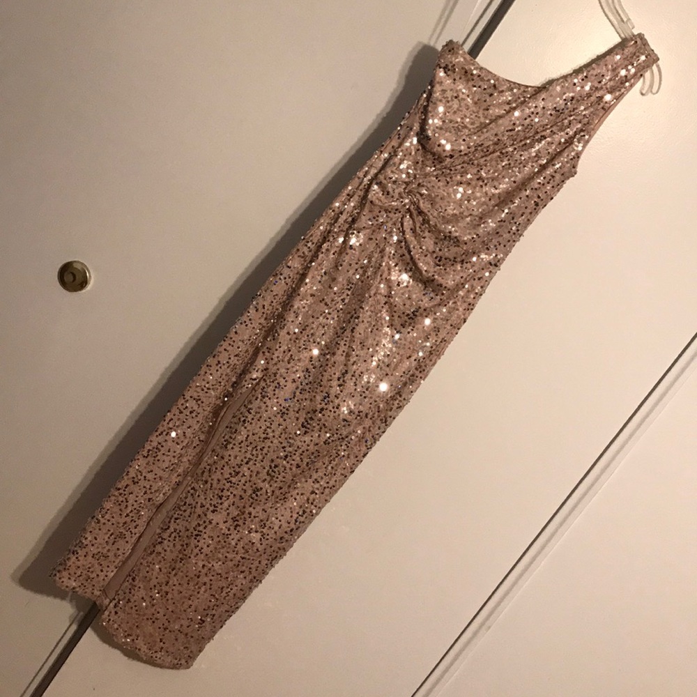 One shoulder light pink sequin gown